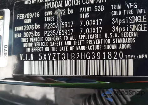 2017 Hyundai Santa Fe Sport 2.4L from USA, damaged, VIN 5XYZT3LB2HG391820